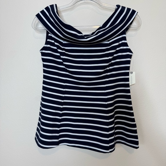 Maeve Blue and White Off-the-Shoulder Fitted Blouse - Picture 13 of 13